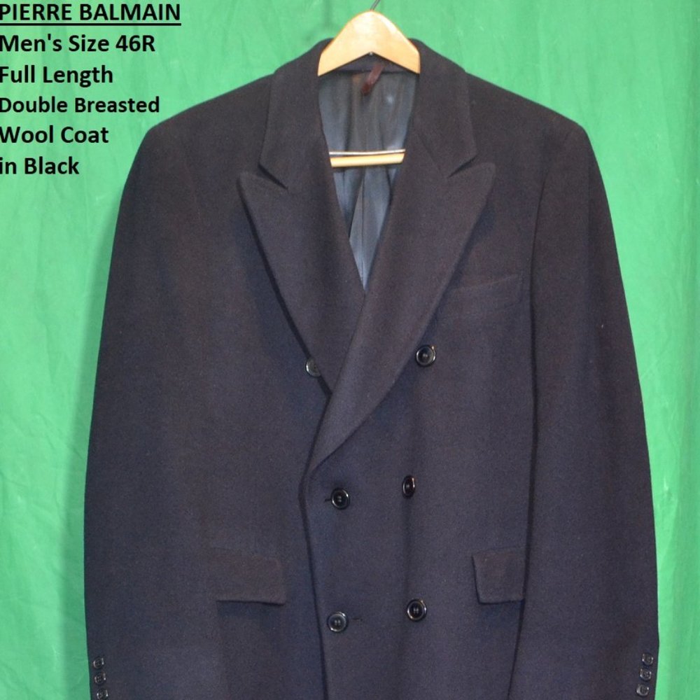 Men's Size 46R Full Length  Double Breasted Wool Coat in Black by PIERRE BALMAIN